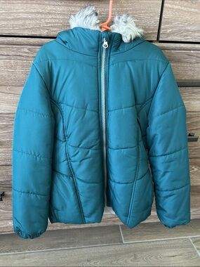 Kids Teal Faux-Fur Hooded Puffer Jacket